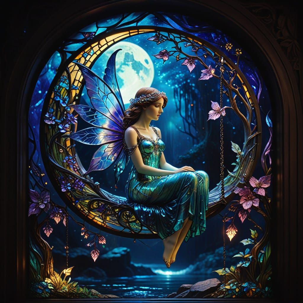 Stunning Stained-Glass Fairy in Dreamy Moonlit Scene