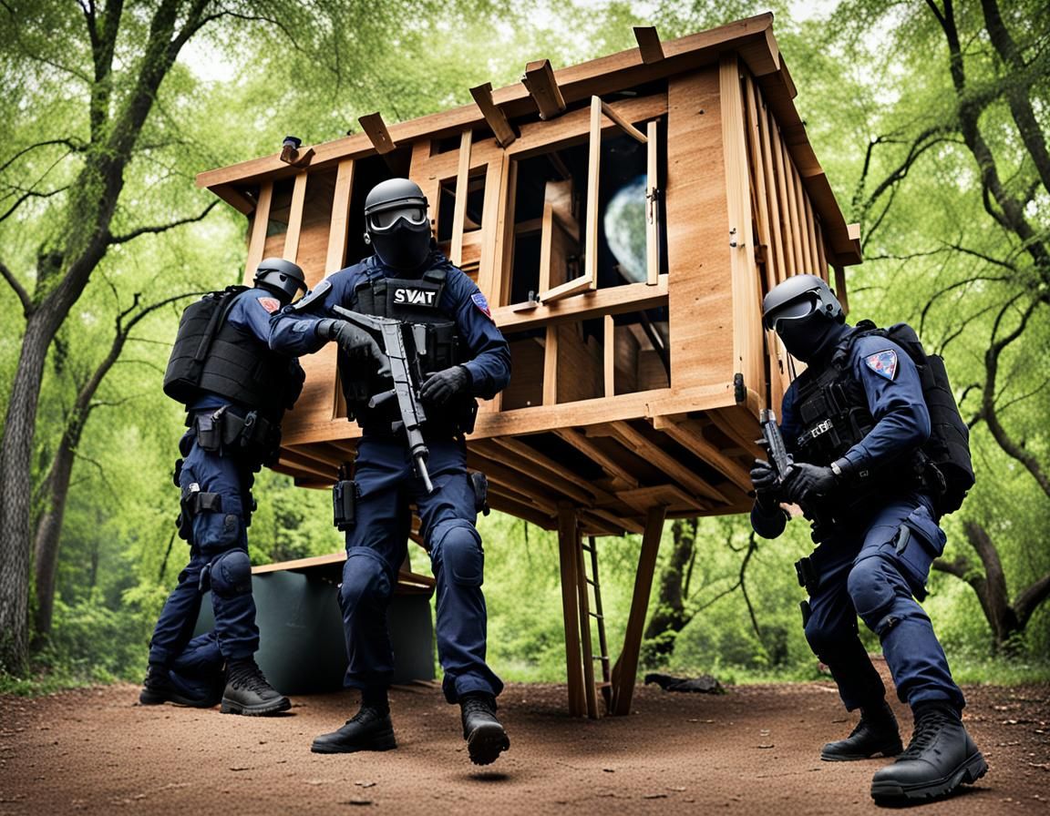 Anonymous Bob being busted by American SWAT team raiding his unusual treehouse