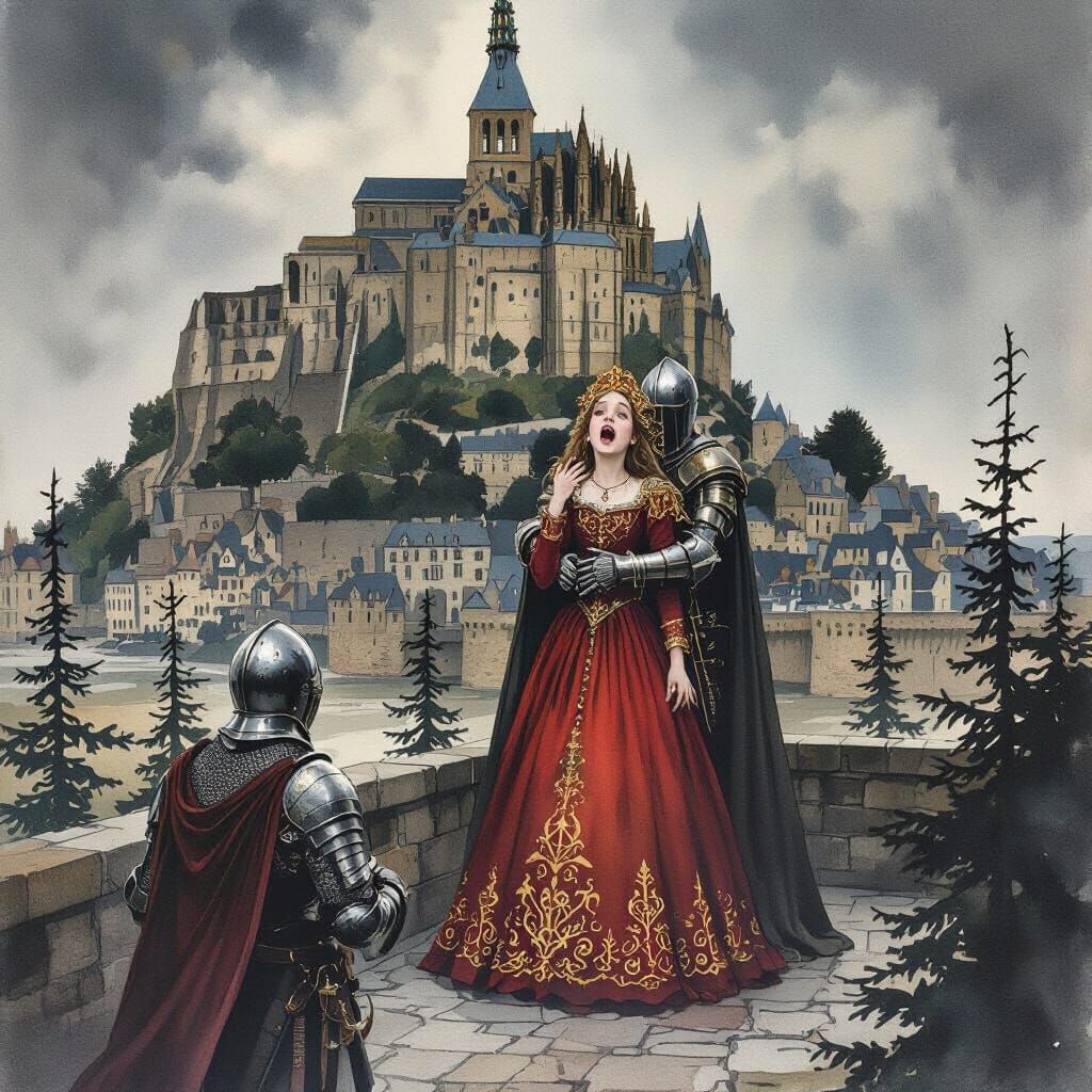 Gothic Castle Painting of Frightened Girl Embraced by Knight
