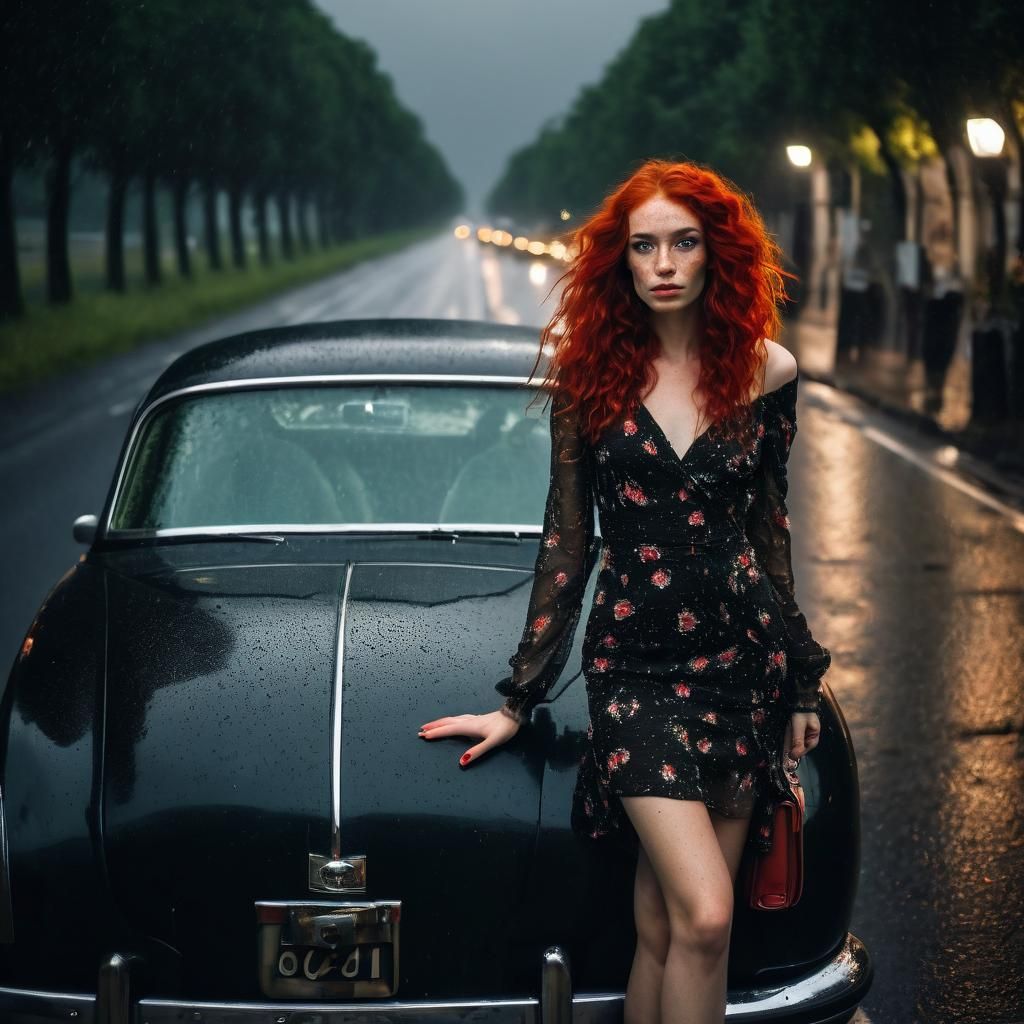 Redhead Hitchhiker in Stormy Gala Dress