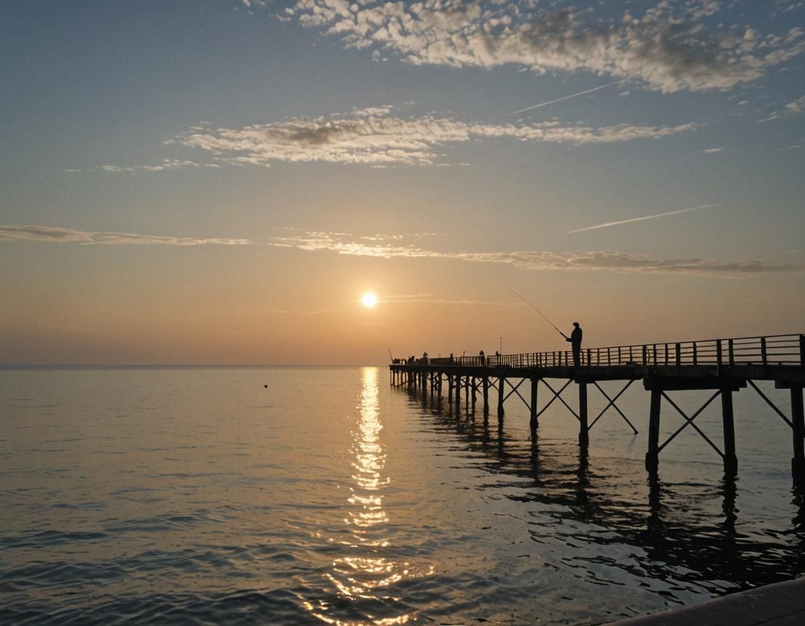 Lone Fisherman at Sunset on Empty Pier