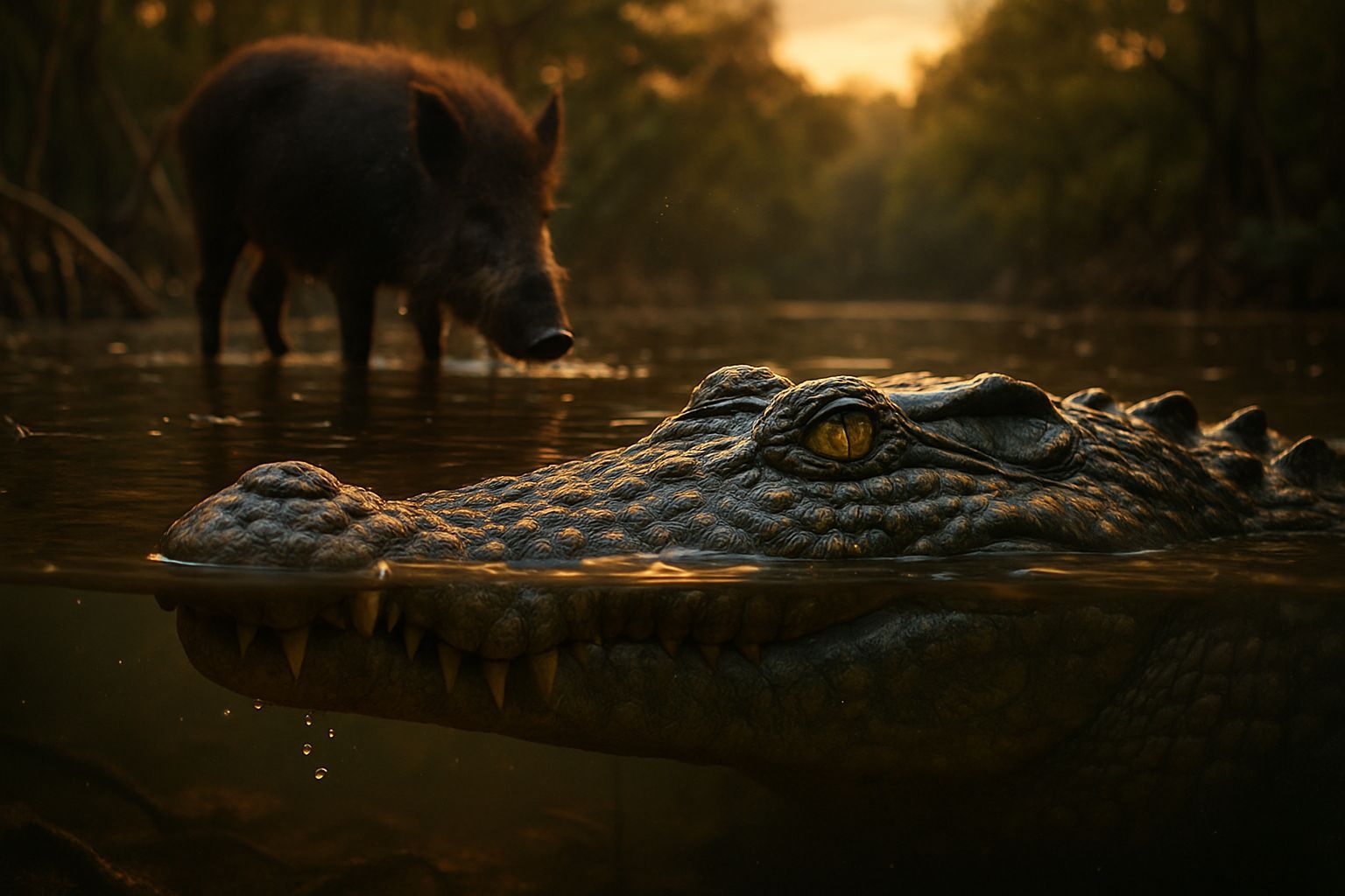 Cinematic Crocodile Encounter in Mangrove River at Dusk