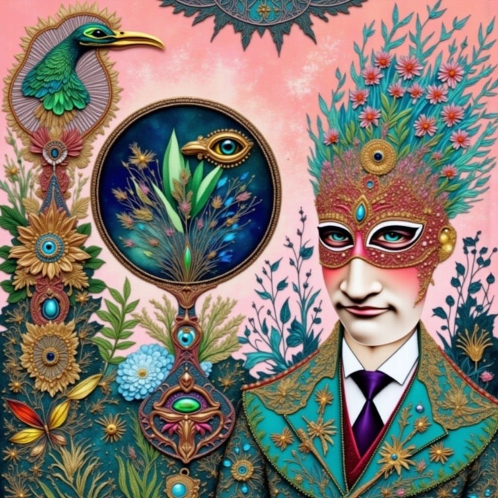 Victorian Gentleman with Peacock and Mask in Mixed Media Col...