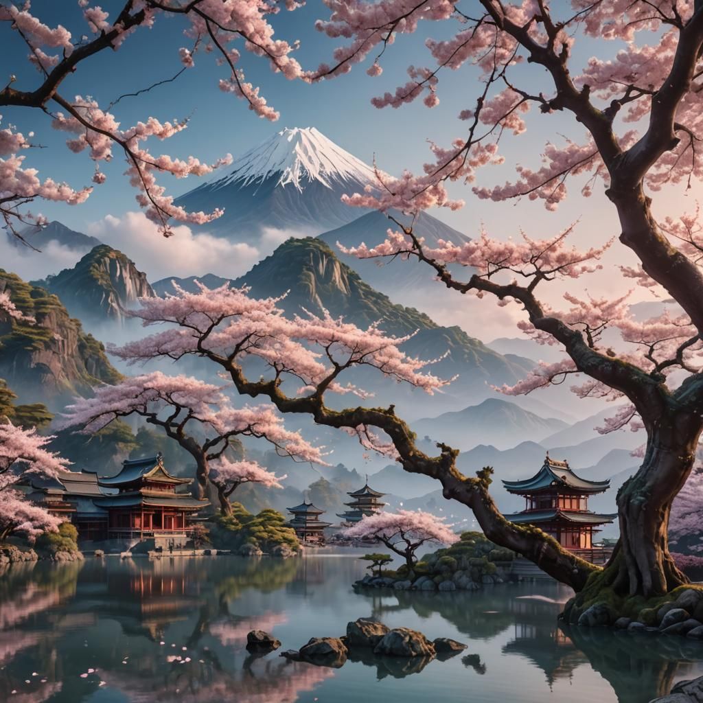 Sakura Tree by Lake with Temples in Art Nouveau Style