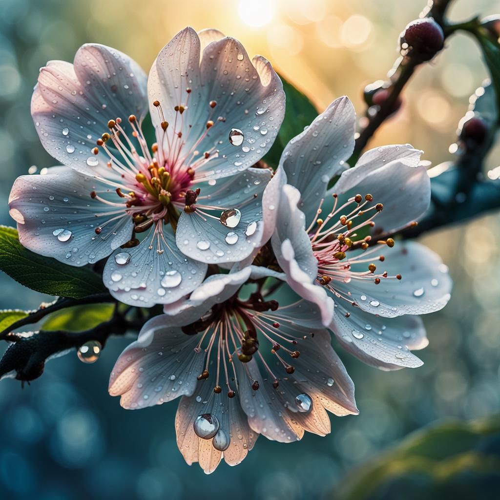 Delicate Cherry Blossom with Morning Dew in Impressionist St...