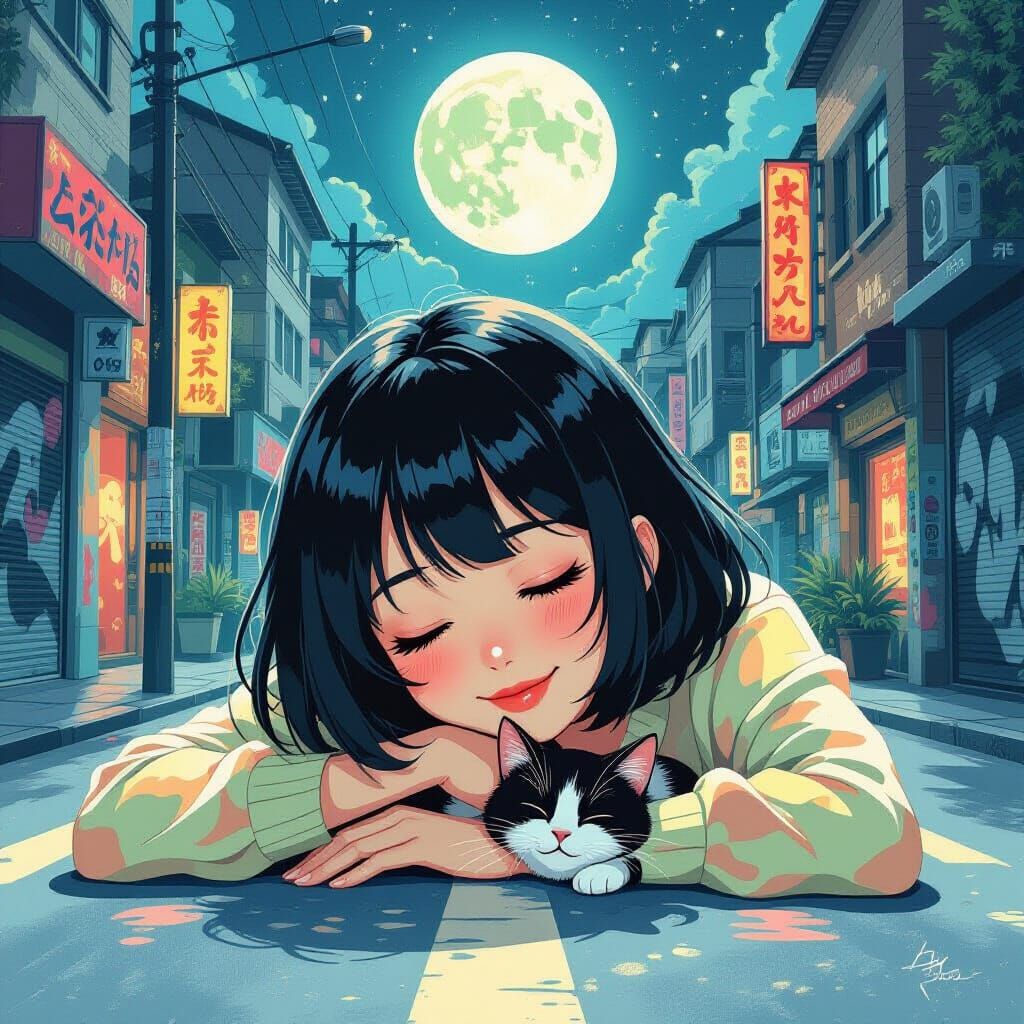 Mystical Anime Girl & Cat Asleep Under Moonlight