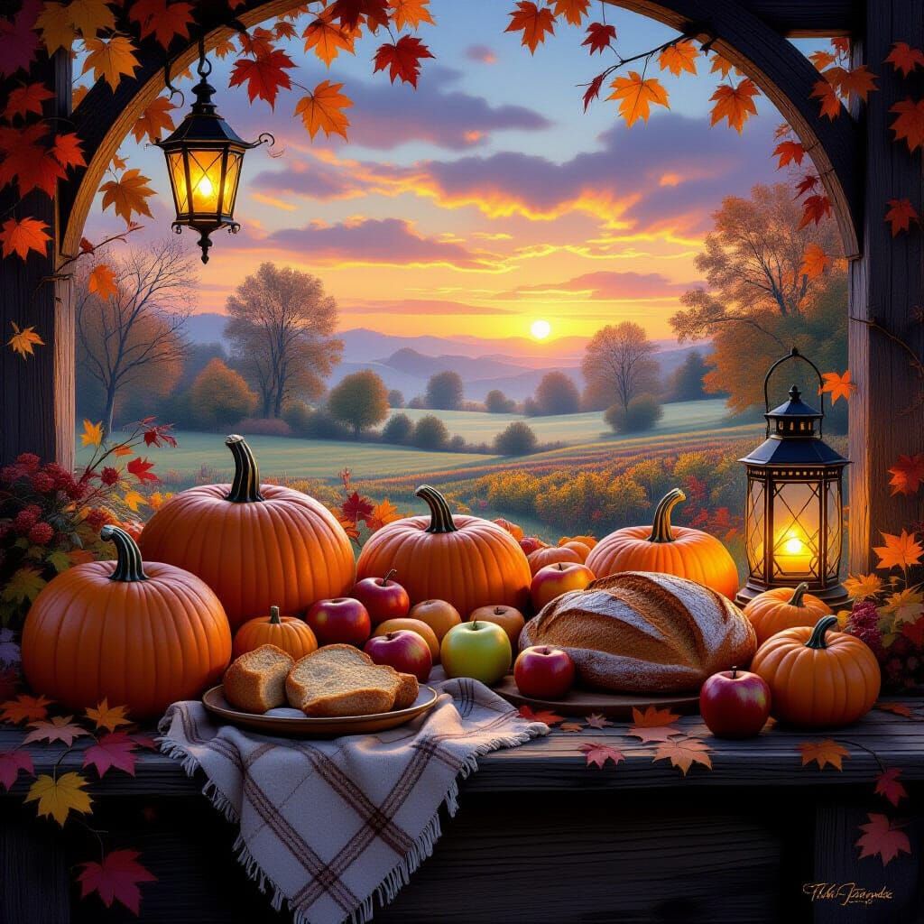 Bountiful Harvest Table Under Twilight Autumn Sky