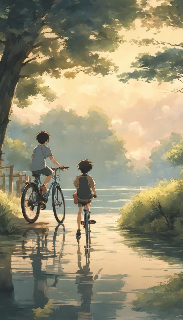 Anime Boy on Bike Near Lake, Ghibli Style