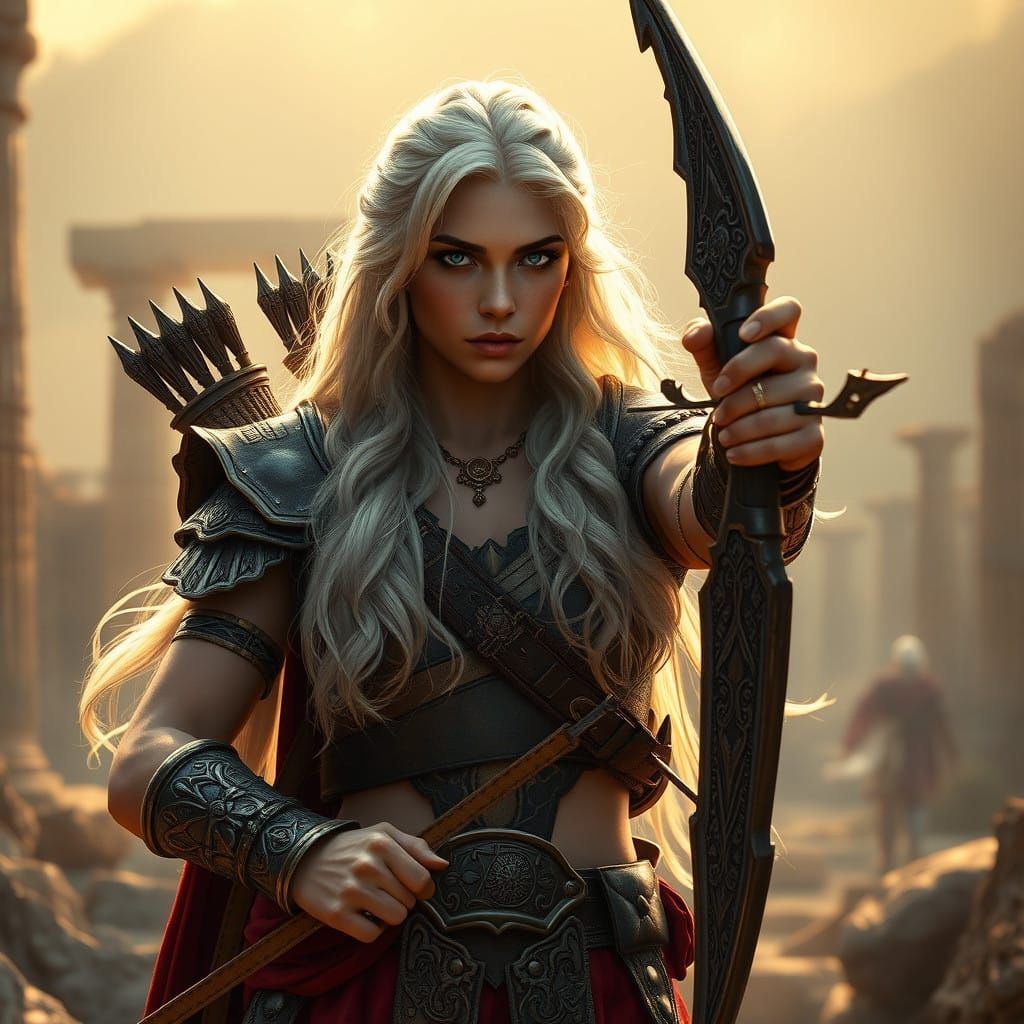 Majestic Grecian Warrior Woman in Ancient Ruins