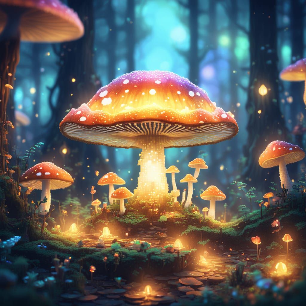 Whimsical Pixel Art Mushroom in Enchanted Forest