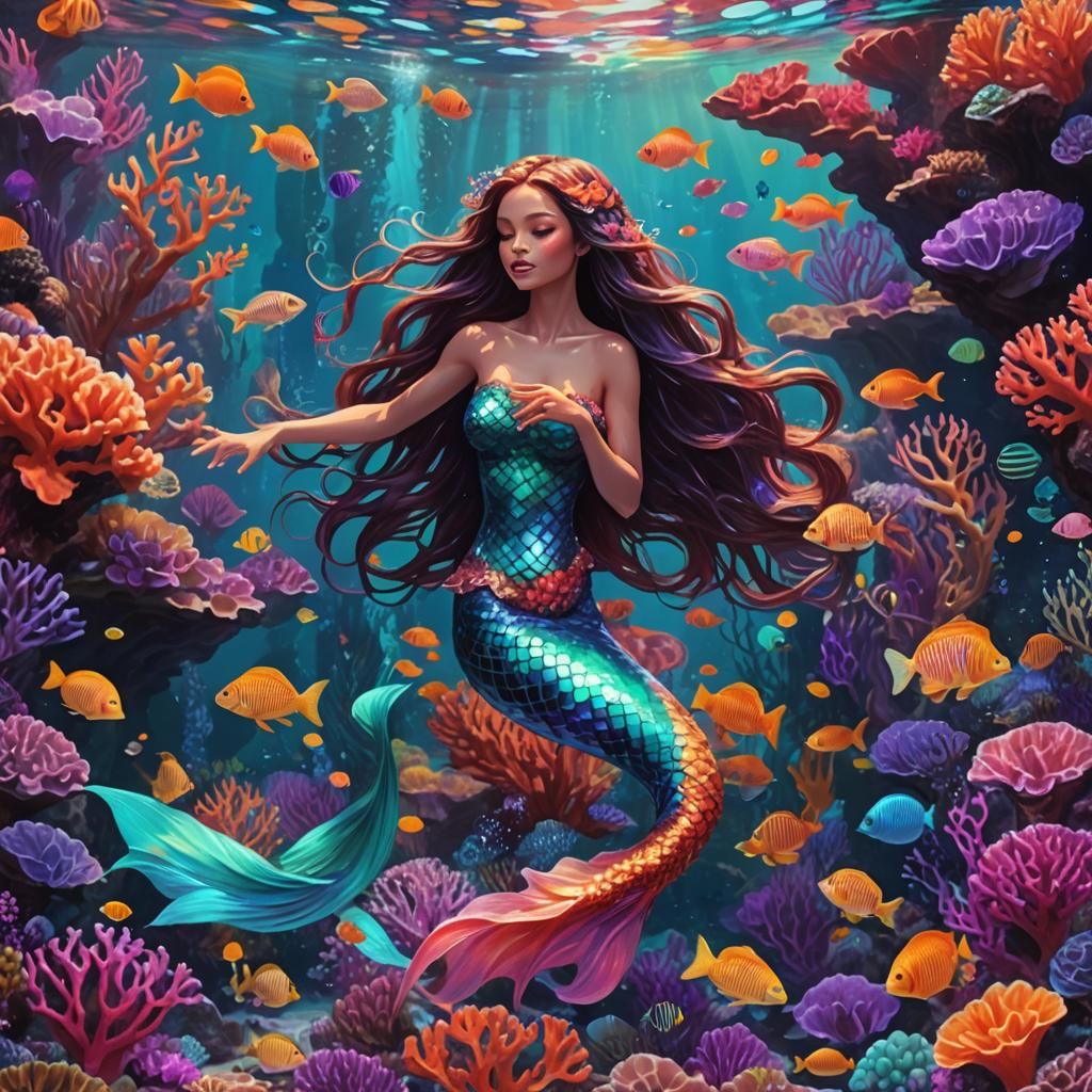 Underwater Mermaid in Coral Reef: Splash Art