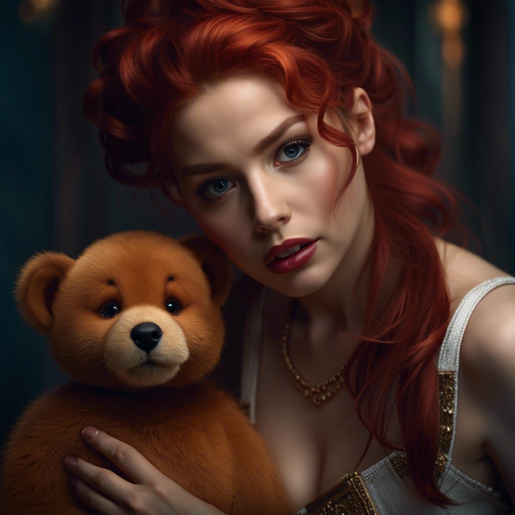 Redhead Woman with Teddy Bear, Photorealistic Portrait