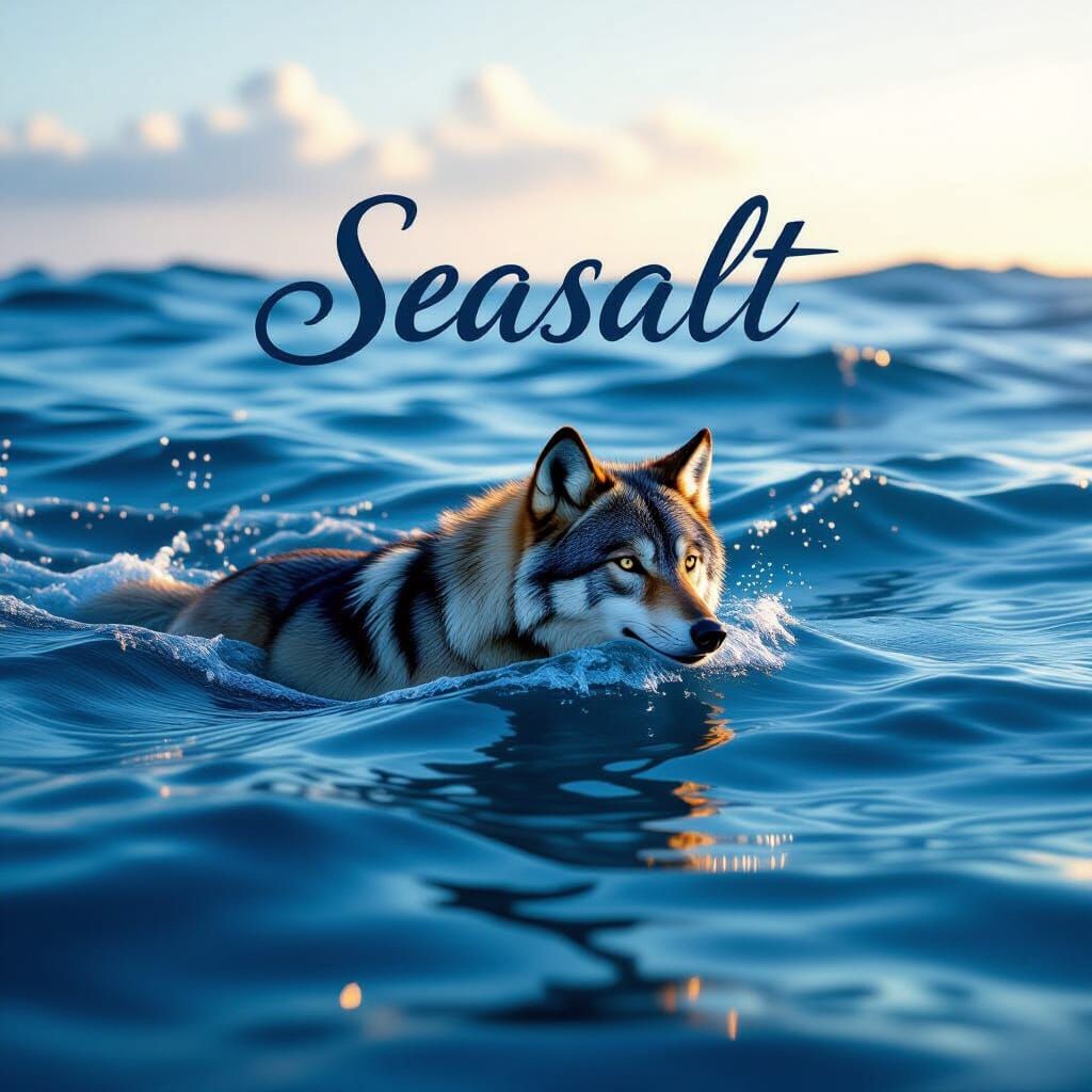 Majestic Wolf Swimming in Ocean with 'Seasalt' Title