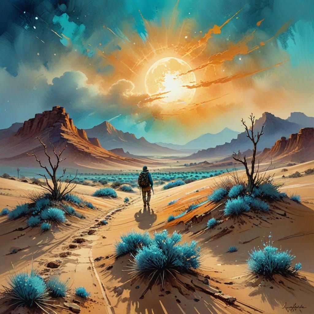 Desert Caravan Under Moon in Gouache Style