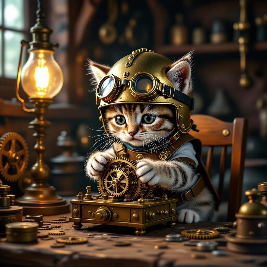 Clockwork Kitten Tinkering in Victorian Workshop