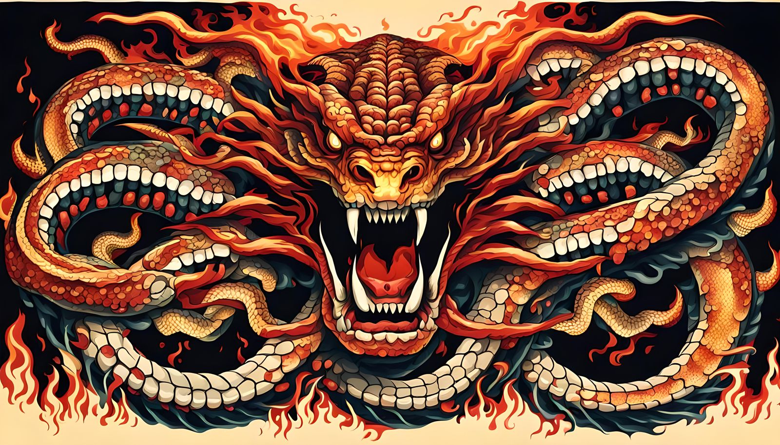 Flaming Thousand-Headed Serpent with Sharp Teeth