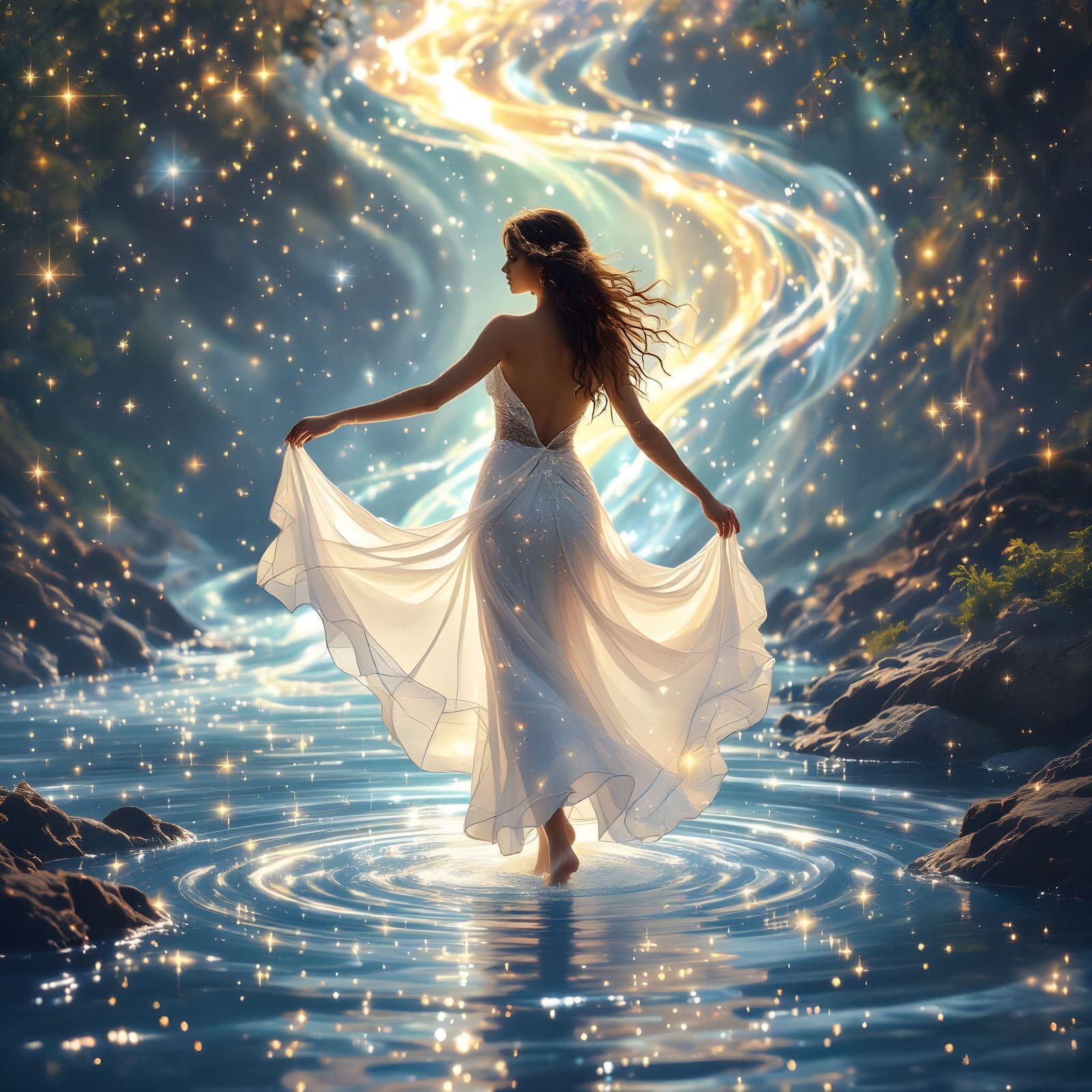 Ethereal Woman Weaving Time With Cosmic Dance