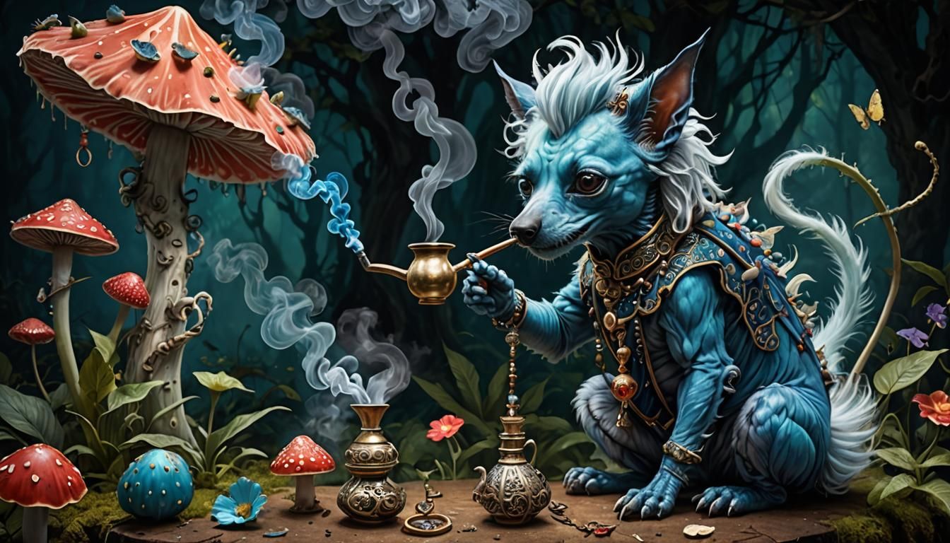 Surreal Caterpillar-Dog Smoking Hookah in Wonderland
