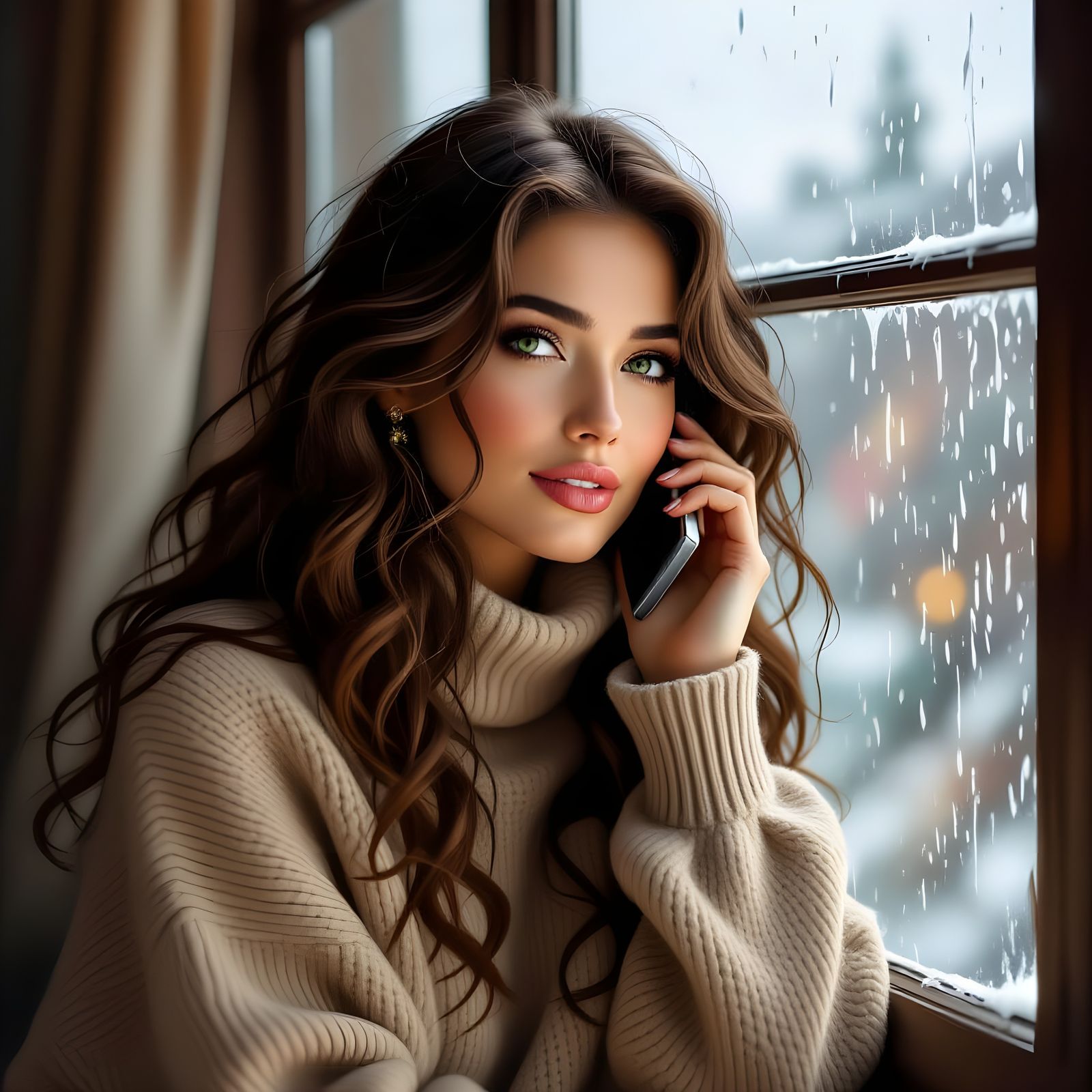 Pensive Woman Chatting on Phone During Rain