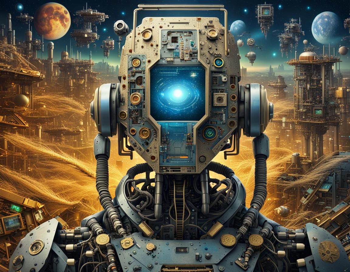 Robot Stares into Space with Computer Chip Frame