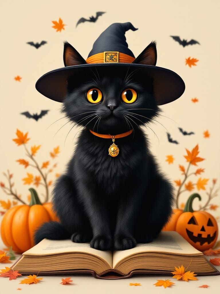 Halloween Cat in Witch Hat With Magic Book