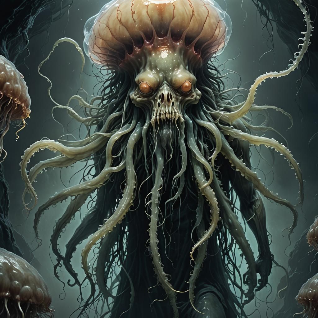 Grotesque Jellyfish Hybrid Rising from the Abyss