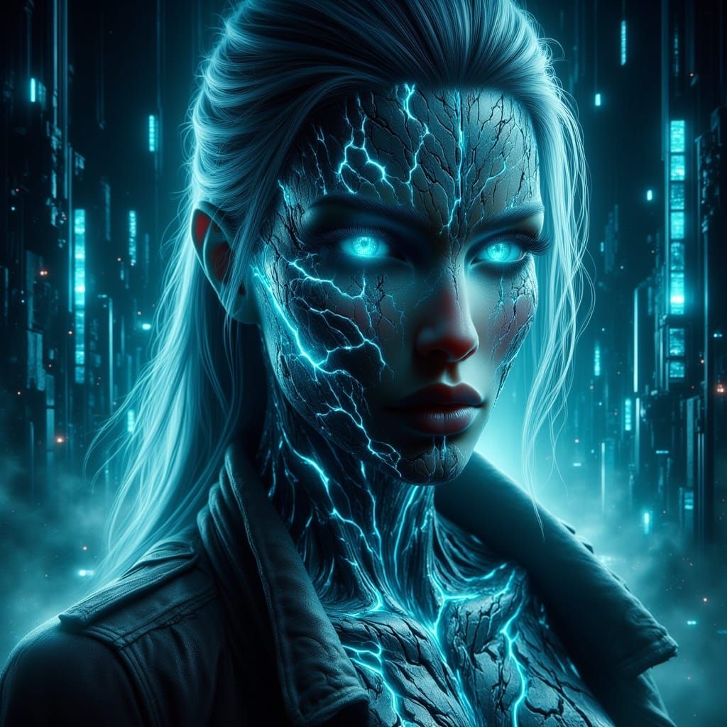 Futuristic AI Figure in Swirling Matrix Data Streams