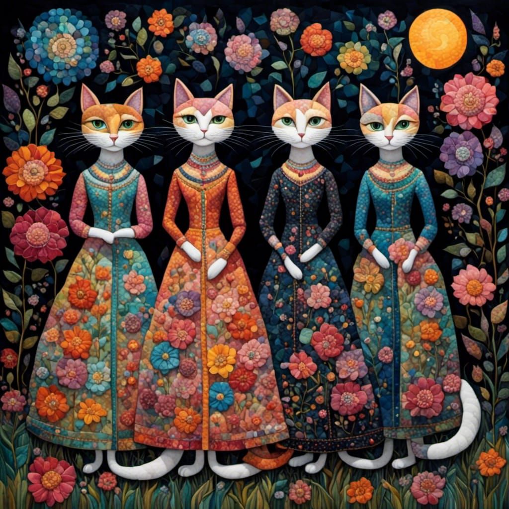 Dancing Long-Necked Cats in Tropical Naive Art