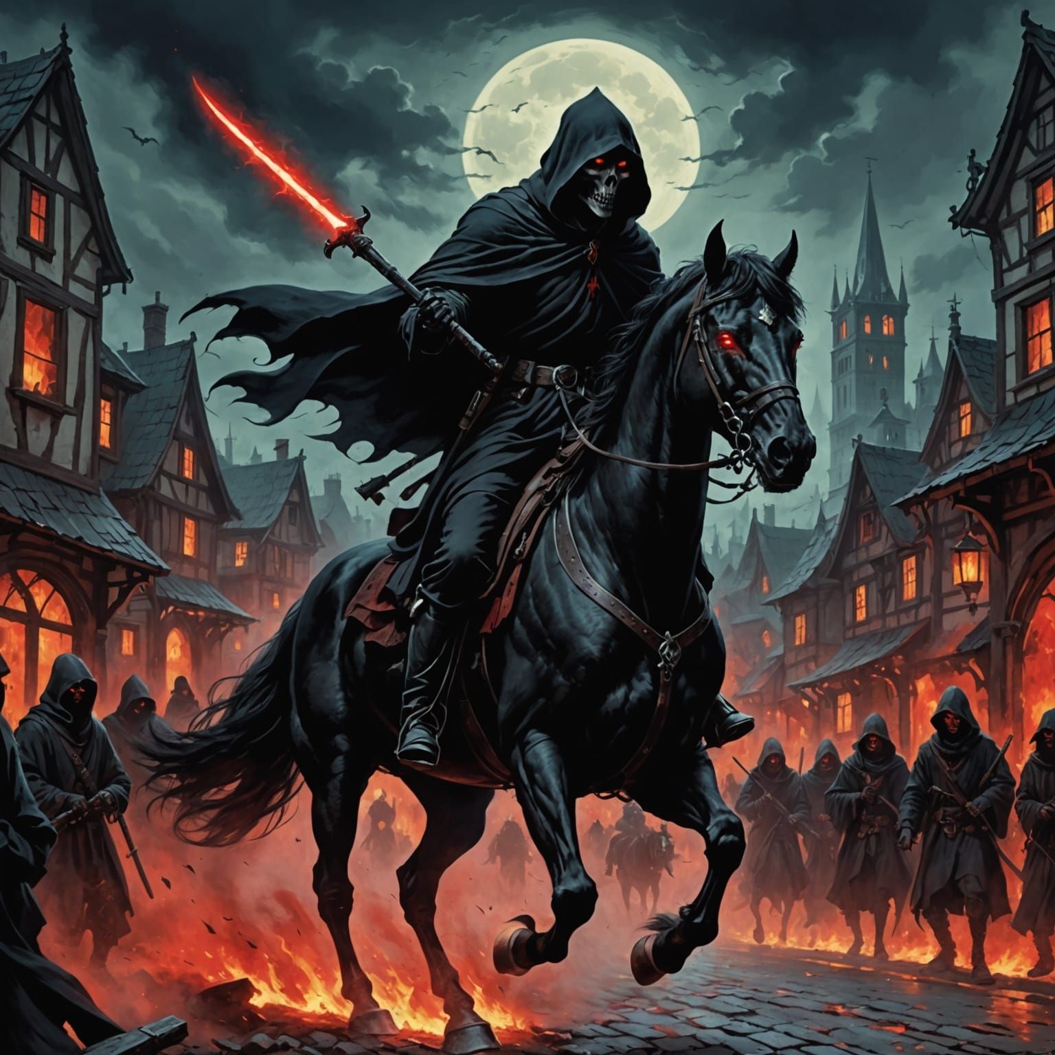 Grim Reaper Rides Through Town on Fiery-Eyed Horse