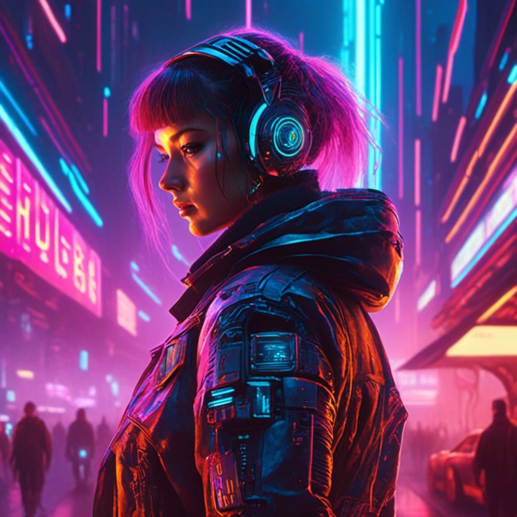 Cyberpunk Woman with Advanced Helmet in Neon Lights