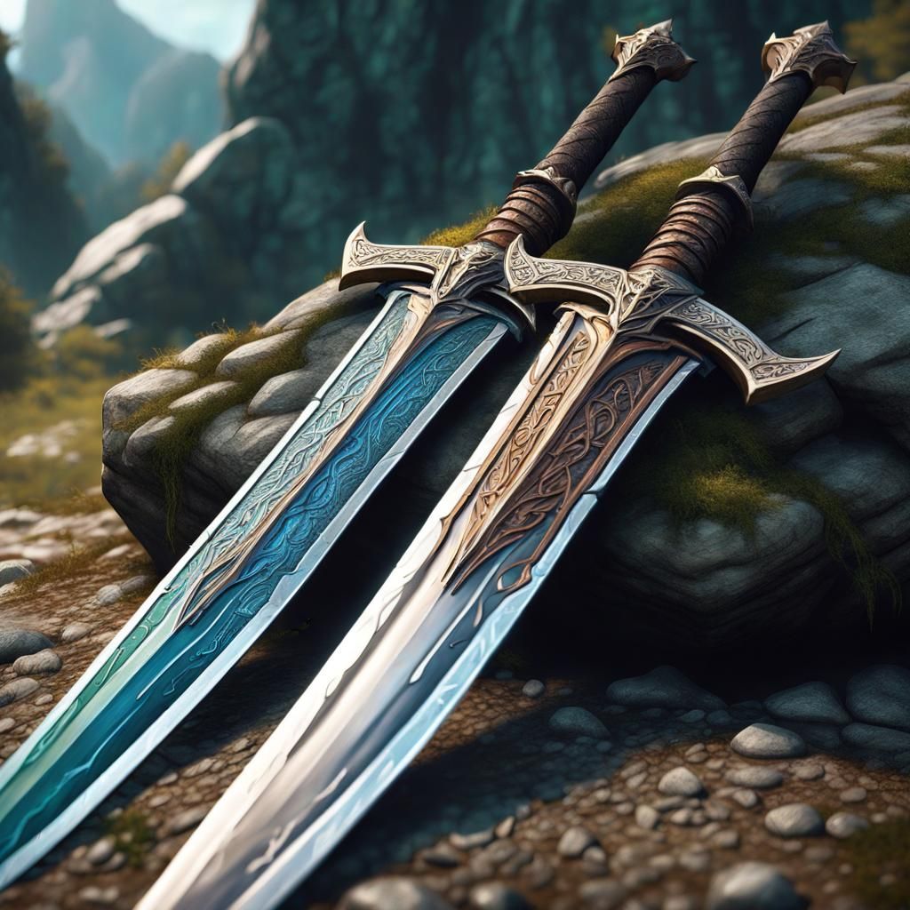 Elvish Swords in Hyperrealistic Splash Art Style