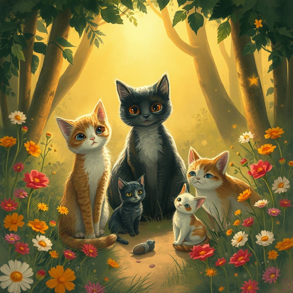 Enchanted Felines in Dreamlike Anime Illustration