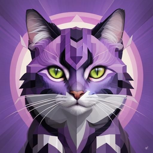 Pixelated Purple Cat in Cubist Geometric Style