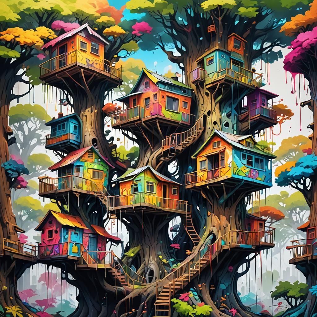 Colorful Graffiti Art Treehouses in Street Art Style