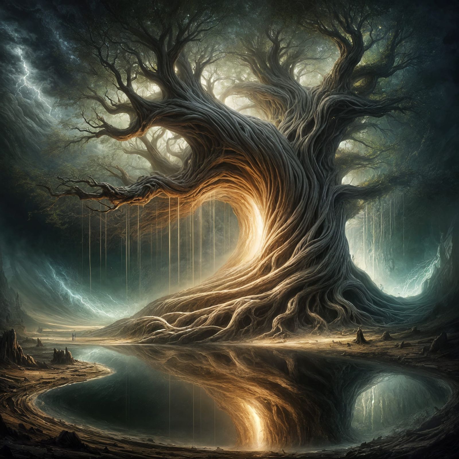 Ethereal Staircase Tree in Dark Fantasy Landscape
