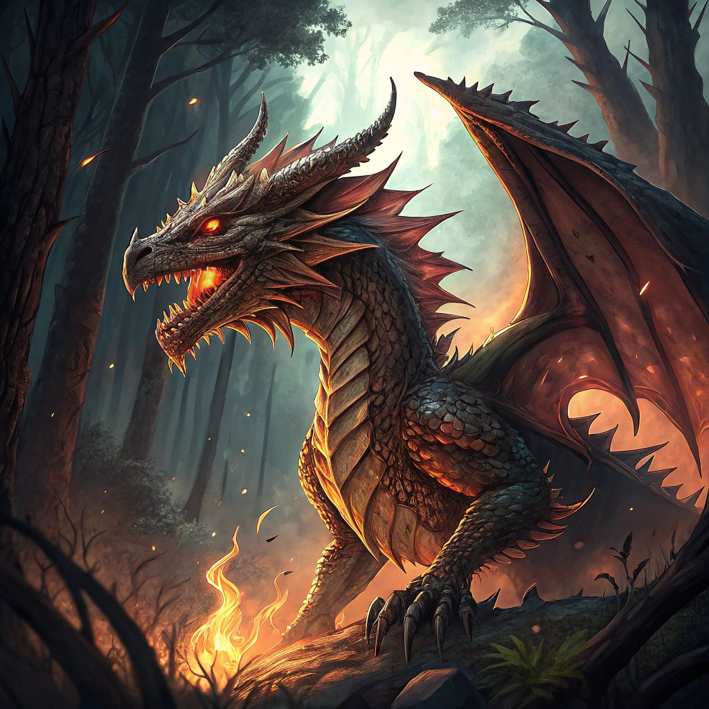 Bronze Dragon in Mystical Forest, Fantasy Art
