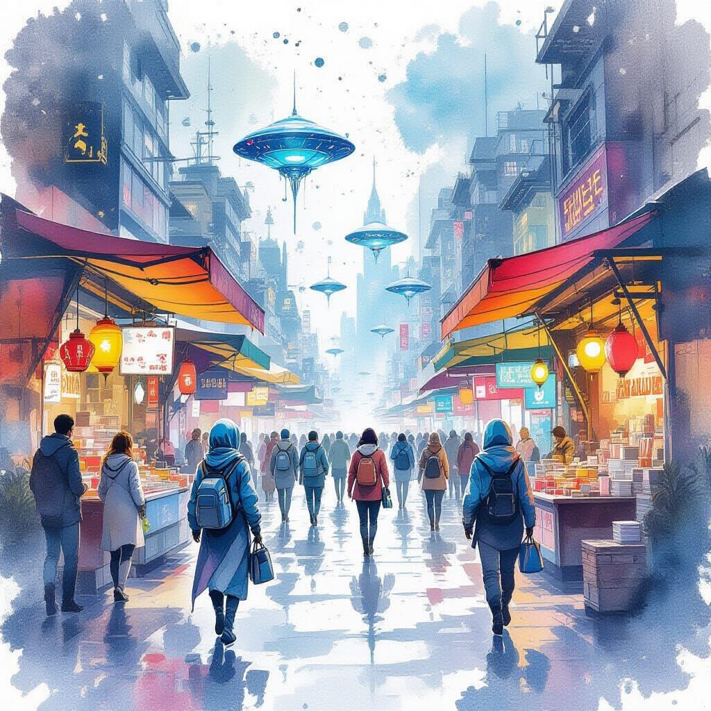Futuristic Alien Street Market in Watercolor Style