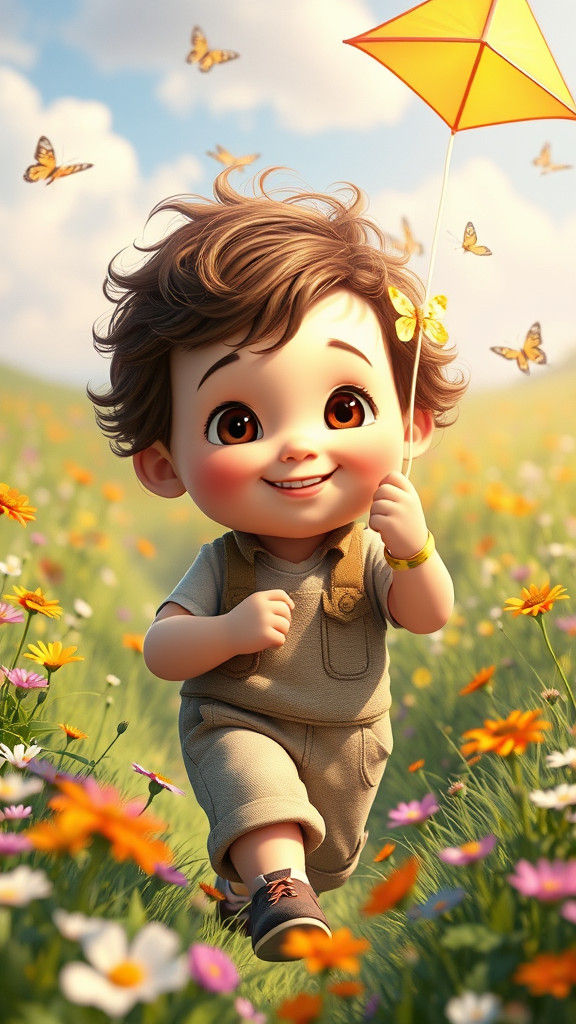Cheerful Toddler with Kite in Sunny Meadow: Pixar Style