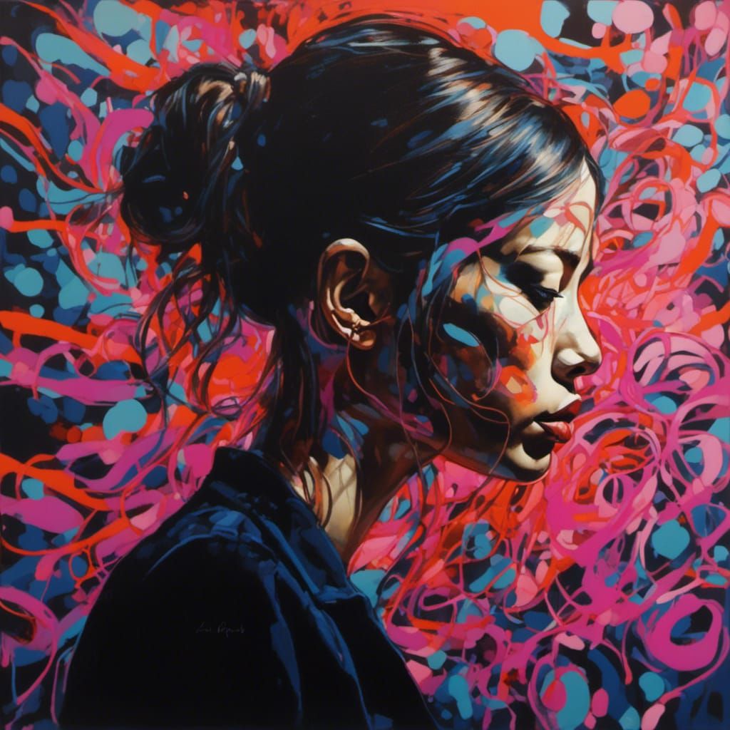 Neon Woman Portrait with Fingerprint Texture