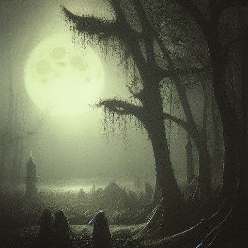 Mystical Castle in Forest at Night in Dark Fantasy Style