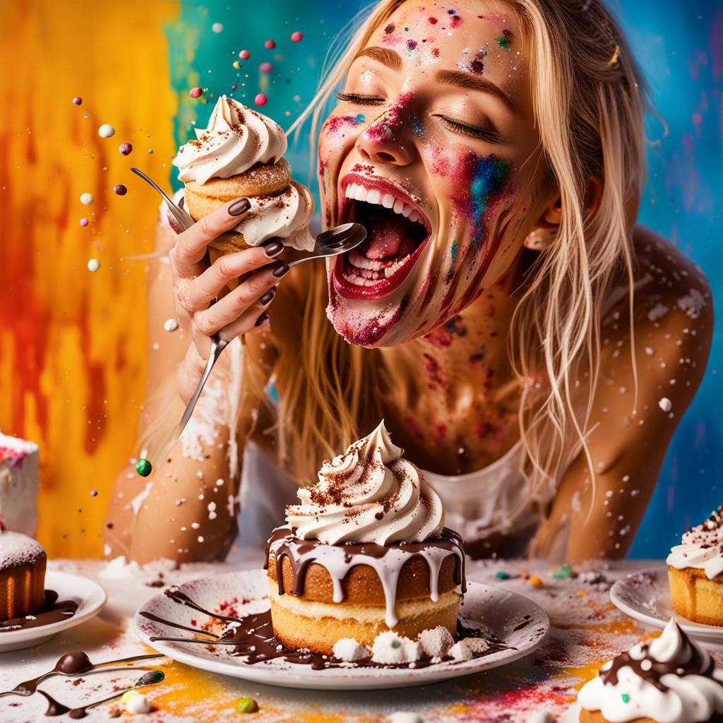 Girl Covered in Cake, Hyperrealistic Digital Art
