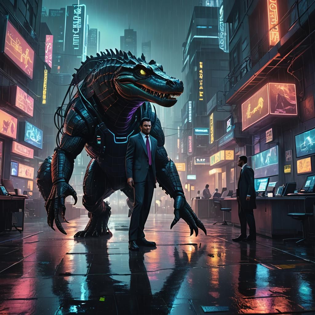 Alligator Prank in Cyberpunk Cityscape