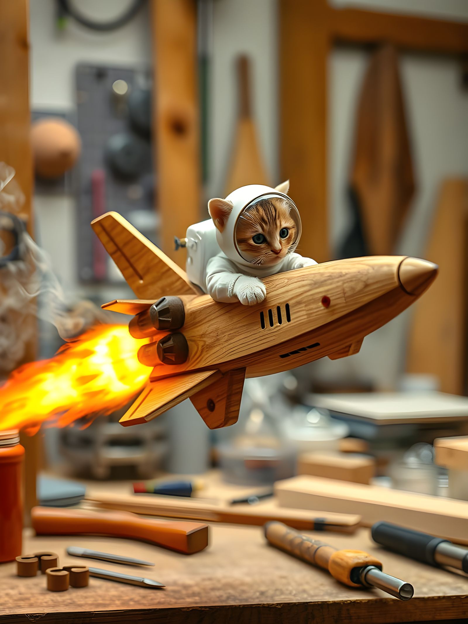 Spacefaring Kitten Pilot in a Wooden Spacecraft