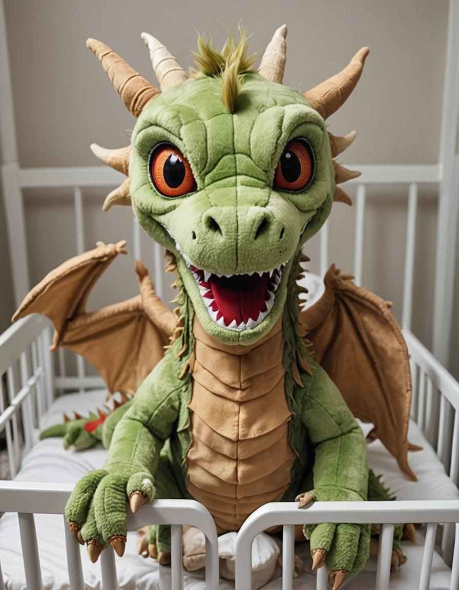 Fierce Dragon Stuffed Animal in Crib