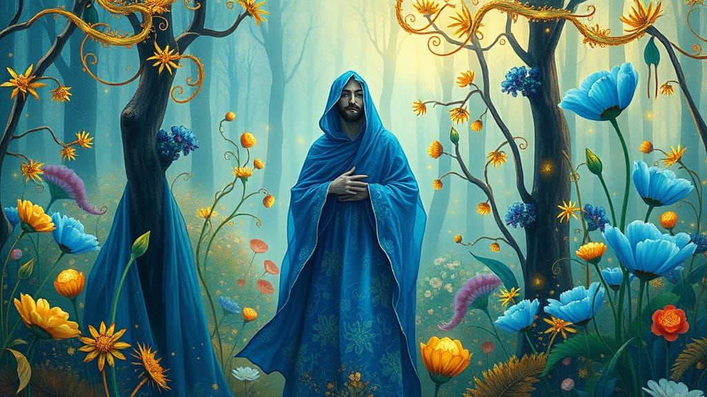 Surreal Dance of Folklore and Fantasy in Radiant Blue