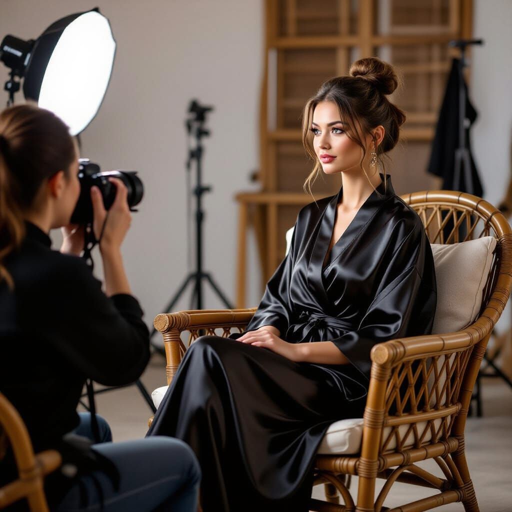 Woman in Black Satin Robe Poses in Studio