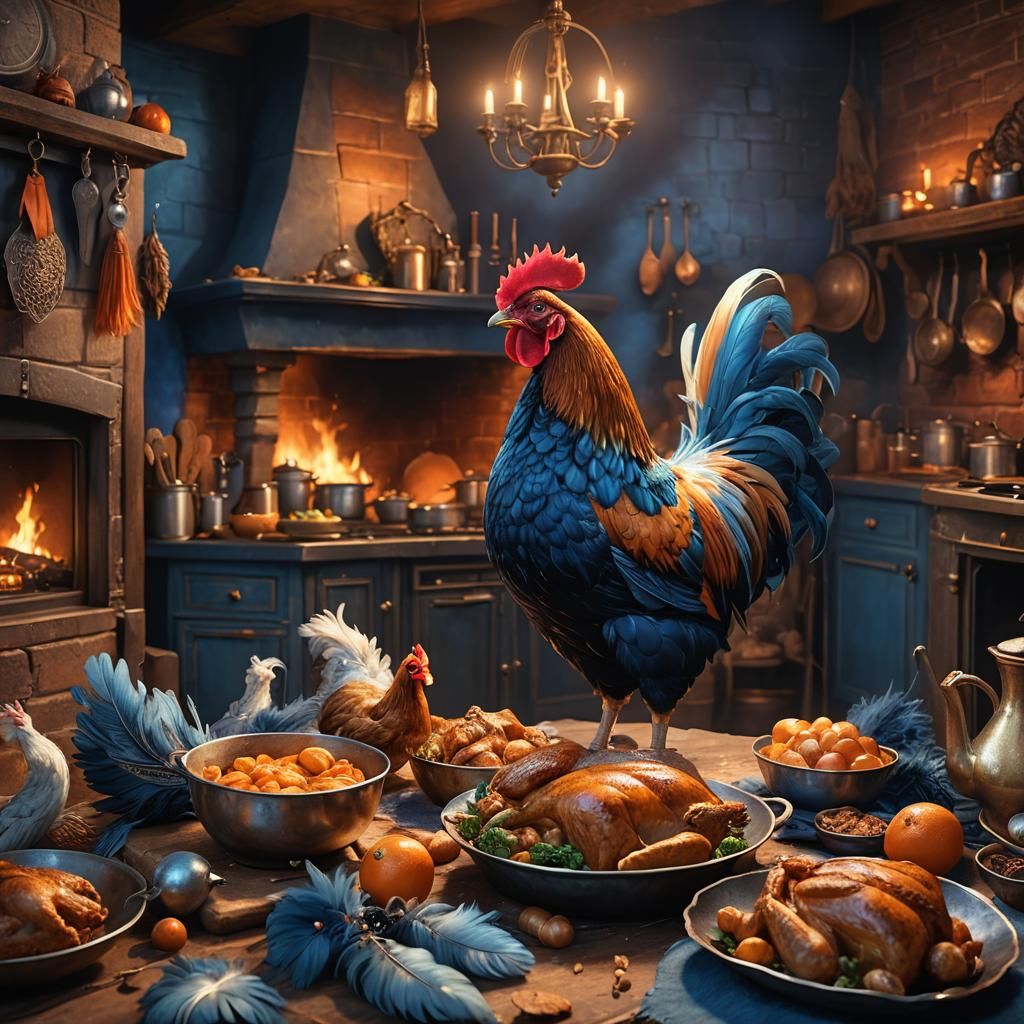 Giant Hen and Cook in Fantasy Kitchen