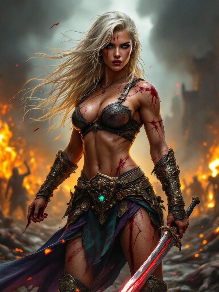 Fantasy Warrior Bodybuilder in Battlefield Ruins