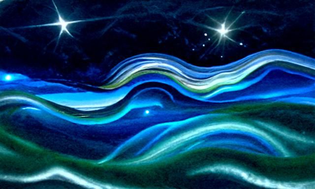 Iridescent Waves Under Starry Ocean Night Sky