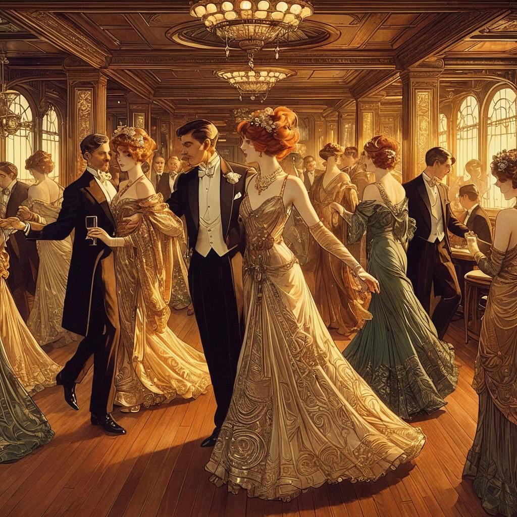 Art Deco Dance Scene in Alphonse Mucha Style